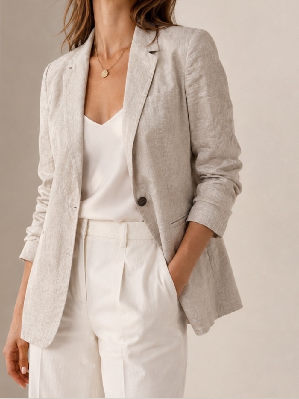 Banana Republic Long & Lean Linen Blend Blazer Jacket Flax Oatmeal Size 16